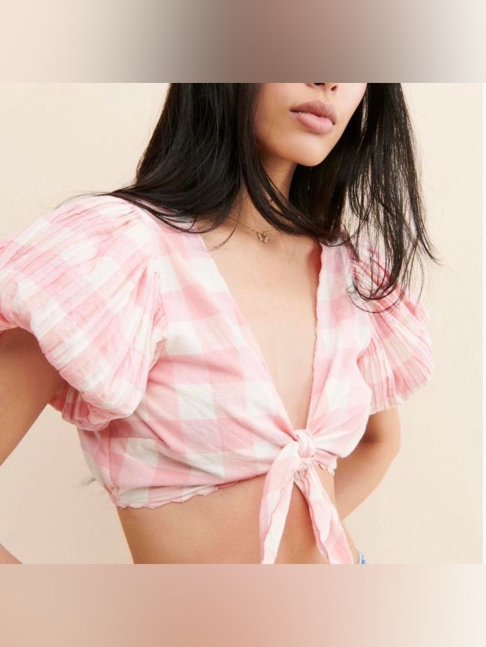 LoveShackFancy Pink Gingham Tie-Front Crop Top